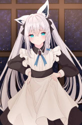 Rule 34 | 1girl, :&lt;, absurdres, alternate costume, animal ear fluff, animal ears, apron, apron lift, black bow, black dress, blush, bow, braid, clothes lift, commentary request, dress, earrings, enmaided, fox ears, fox girl, green eyes, hair between eyes, hair bow, highres, hololive, indoors, jewelry, long hair, long sleeves, looking at viewer, maid, maid apron, maid headdress, maikro, shirakami fubuki, sidelocks, single braid, sky, solo, star (sky), starry sky, twintails, virtual youtuber, white hair