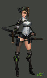 Rule 34 | 1girl, absurdres, armor, armored boots, asymmetrical legwear, black bra, black gloves, black shorts, boots, bra, breasts, brown hair, closed mouth, collarbone, collared shirt, dated, dress shirt, fingerless gloves, full body, gas mask, gloves, green eyes, grey background, hair between eyes, hand on hilt, head tilt, highres, katana, mask, medium breasts, midfinger, mismatched legwear, original, over-kneehighs, realistic, see-through, sheath, sheathed, shirt, short shorts, shorts, side ponytail, simple background, single gloves, smile, solo, sword, thighhighs, underwear, weapon, wing collar