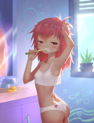 Rule 34 | 1girl, bathroom, butt crack, covered erect nipples, hand on own head, kaname madoka, lisong shen, looking at viewer, mahou shoujo madoka magica, mahou shoujo madoka magica (anime), messy hair, mirror, panties, pink eyes, pink hair, rubber duck, toothbrush, toothbrush in mouth, toothpaste, underwear, underwear only, white panties