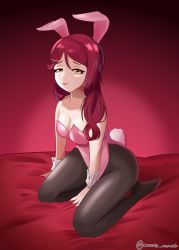 Rule 34 | 1girl, :p, absurdres, animal ears, artist name, artist request, azure monarch, bare shoulders, bed, black pantyhose, blush, breasts, brown eyes, collarbone, female focus, full body, hair between eyes, hair bobbles, hair ornament, hair over shoulder, hairclip, half-closed eyes, highres, leotard, long hair, looking at viewer, love live!, love live! sunshine!!, medium breasts, on bed, pantyhose, parted lips, pink leotard, rabbit ears, rabbit tail, red hair, sakurauchi riko, smile, solo, tongue, tongue out, white wrist cuffs, wrist cuffs, yellow eyes
