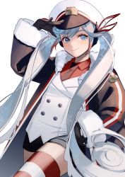 Rule 34 | 1girl, black coat, black gloves, black necktie, black shorts, blue eyes, blue hair, buttons, coat, commentary, cowboy shot, double-breasted, fur-trimmed coat, fur trim, gloves, hand in pocket, hand up, hat, hatsune miku, heart, heart-shaped pupils, highres, jacket, light blue hair, mallope, military, military uniform, naval uniform, necktie, peaked cap, red shirt, red thighhighs, salute, shirt, short shorts, shorts, simple background, smile, solo, striped clothes, striped thighhighs, symbol-shaped pupils, thighhighs, uniform, vocaloid, wavy hair, white background, white hat, white jacket, yuki miku, yuki miku (2022)