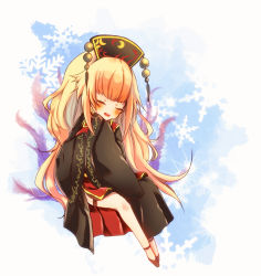 Rule 34 | 1girl, bad id, bad pixiv id, big hair, black dress, blush, chinese clothes, dress, energy, closed eyes, fox tail, hat, highres, junko (touhou), legs, long hair, multiple tails, open mouth, ribbon, shoes, side slit, snowflakes, solo, tabard, tail, teeth, thigh strap, thighs, tongue, touhou, varyu, very long hair, wide sleeves