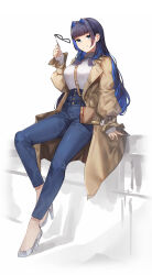 Rule 34 | 1girl, absurdres, bad id, bad pixiv id, bag, bag charm, blue eyes, blue hair, blunt bangs, breasts, brown bag, brown coat, charm (object), coat, colored inner hair, denim, unworn eyewear, full body, grey footwear, hair intakes, hand up, handbag, high-waist pants, high heels, highres, holding, holding removed eyewear, hololive, hololive english, jeans, large breasts, leaning on object, long hair, long legs, looking at viewer, multicolored hair, mung (larnec), official alternate costume, official alternate hair length, official alternate hairstyle, open clothes, open coat, ouro kronii, ouro kronii (casual), pants, parted lips, simple background, smile, solo, sweater, sweater tucked in, turtleneck, turtleneck sweater, virtual youtuber, white sweater