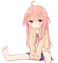Rule 34 | 1girl, ahoge, ayanepuna, barefoot, between legs, blue skirt, blush, bow, brown eyes, brown jacket, closed mouth, commentary request, drawstring, feet, hair between eyes, hair ornament, hairclip, hand between legs, highres, hood, hood down, hooded jacket, ii (ayanepuna), jacket, looking at viewer, open clothes, open jacket, original, pink hair, pleated skirt, red bow, sailor collar, shadow, shirt, simple background, sitting, skirt, soles, solo, toes, two side up, white background, white sailor collar, white shirt