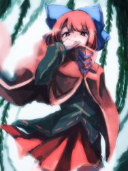 Rule 34 | 1girl, arm up, azuki-taste, azuki (azuki-taste), cape, covering own mouth, covering privates, hair ribbon, highres, long sleeves, looking at viewer, looking down, plant, red eyes, red hair, ribbon, sekibanki, shirt, short hair, skirt, solo, touhou