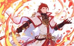 Rule 34 | 1boy, belt, black gloves, cape, fire, gloves, granblue fantasy, holding, holding sword, holding weapon, male focus, percival (granblue fantasy), petals, red eyes, red hair, smile, solo, sumeshi (ginshari40), sword, twitter username, weapon, white background, white cape