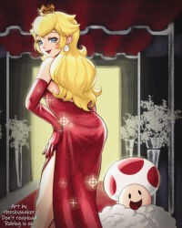Rule 34 | 1boy, 1girl, artist name, backboob, blonde hair, blue eyes, breasts, dress, gloves, hand on own hip, height difference, legs, long hair, looking at viewer, looking back, mario (series), medium breasts, nintendo, open mouth, princess, princess peach, seductive gaze, seductive smile, smile, super mario all stars, theskywaker, thighs, toad (mario)