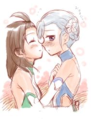Rule 34 | 10s, 2girls, backless outfit, bad id, bad pixiv id, bare shoulders, blue hair, blush, bodysuit, brown hair, closed eyes, fin e ld si laffinty, flower, hair flower, hair ornament, imminent kiss, kyouno madoka, long hair, looking at viewer, multiple girls, niina ryou, open mouth, purple eyes, rinne no lagrange, sketch, skirt, yuri