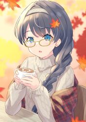 Rule 34 | 1girl, :o, absurdres, alternate costume, alternate hairstyle, aran sweater, autumn leaves, bespectacled, bird, blue eyes, blue hair, blurry, blurry background, braid, brown-framed eyewear, cable knit, coffee mug, commentary request, cup, dark blue hair, glasses, grey hairband, grey sweater, hairband, highres, holding, holding cup, latte art, leaf, leaf on head, link! like! love live!, long braid, long hair, long sleeves, looking at viewer, love live!, mug, murano sayaka, penguin, plaid, single braid, sleeves past fingers, sleeves past wrists, solo, sweater, turtleneck, turtleneck sweater, virtual youtuber, yutuki ame