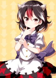Rule 34 | 1girl, arrow (symbol), black hair, blush, bow, commentary request, cone horns, cowboy shot, dress, drop shadow, grey horns, hair between eyes, hand on own chin, hand up, highres, horns, kijin seija, looking at viewer, multicolored hair, puffy short sleeves, puffy sleeves, purple bow, purple neckwear, purple sash, red eyes, red hair, ruu (tksymkw), sash, short hair, short sleeves, smile, solo, streaked hair, touhou, uneven eyes, white dress, white hair, yellow background