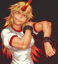 Rule 34 | 1girl, blonde hair, broken, broken chain, brown background, chain, cuffs, fangs, female focus, grey background, grin, hand on own shoulder, head tilt, horns, hoshiguma yuugi, long hair, muscular, muscular female, pointy ears, red eyes, shackles, simple background, single horn, slit pupils, smile, solo, star (symbol), touhou, yuuji (and)