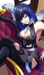 Rule 34 | 1girl, absurdres, arm rest, black gloves, black hair, black thighhighs, blue dress, blue hair, blue nails, bob cut, braid, breasts, cleavage, clothing cutout, crossed legs, diagonal bangs, dice, dress, earrings, elbow gloves, fingerless gloves, fur-trimmed jacket, fur trim, genshin impact, gloves, green eyes, highres, jacket, jacket on shoulders, jewelry, large breasts, looking at viewer, mole, mole on breast, nail polish, nanatuma nazuna, on chair, parted lips, short hair, single elbow glove, sitting, sleeveless, sleeveless dress, smile, solo, tassel, thighhighs, vision (genshin impact), white gloves, white jacket, yelan (genshin impact)