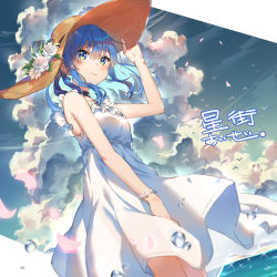 Rule 34 | 1girl, alternate costume, alternate hairstyle, bare legs, bird, blue eyes, blue hair, breasts, character name, closed mouth, cloud, cloudy sky, commentary, cowboy shot, day, dress, flower, flower bracelet, hair between eyes, hair down, hand on headwear, hat, hat flower, highres, hololive, hoshimachi suisei, looking at viewer, medium breasts, medium hair, ocean, outdoors, sky, sleeveless, sleeveless dress, smile, solo, star (symbol), star in eye, straw hat, sun hat, symbol in eye, tsukino (nakajimaseiki), virtual youtuber, water drop, white dress, wind