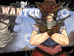 Rule 34 | 1girl, ammunition belt, barbed wire, belt, black hair, blue shirt, bridle, brown eyes, bullet, bullet dent, bullet hole, cigar, commentary request, cowboy hat, crossed arms, dent, dress, dual wielding, english text, gun, hair over one eye, handgun, hat, holding, holster, horse tail, kurokoma saki, mountain, muscular, muscular female, pink dress, red skirt, revolver, ryuuichi (f dragon), scar, scarf, serious, shirt, short hair, short sleeves, skirt, sky, sneer, solo, tail, touhou, upper body, wanted, weapon, zoom layer