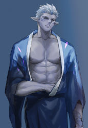 Rule 34 | 1boy, abs, bandages, bara, bare pectorals, belt, blue eyes, blue skin, chachi (soulga), colored skin, gills, half-closed eyes, japanese clothes, kimono, large pectorals, looking at viewer, male focus, manly, muscular, muscular male, nipples, original, pectorals, pointy ears, solo, spiked hair, white hair, yukata