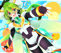 Rule 34 | 1boy, armor, blue sky, blush, dotted background, fingerless gloves, gloves, goggles, green eyes, green hair, long sleeves, male focus, open mouth, outstretched arms, outstretched hand, rento (rukeai), saikyou ginga ultimate zero ~battle spirits~, sky, smile, spiked hair, star (symbol), starry background, thigh strap, zero the hurricane