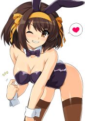 Rule 34 | 1girl, animal ears, black bow, black bowtie, black leotard, blush, bow, bowtie, breasts, brown eyes, brown hair, brown thighhighs, cleavage, detached collar, fake animal ears, fake tail, grin, hair ribbon, hairband, haruhisky, heart, highres, large breasts, leotard, medium hair, official alternate costume, one eye closed, playboy bunny, rabbit ears, rabbit tail, ribbon, simple background, smile, solo, spoken heart, suzumiya haruhi, suzumiya haruhi no yuuutsu, tail, thighhighs, white background, white wrist cuffs, wrist cuffs, yellow hairband, yellow ribbon