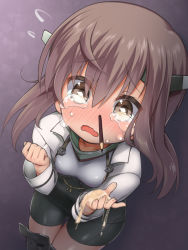 Rule 34 | 10s, 1girl, bike shorts, blush, brown eyes, brown hair, headband, headgear, hobby (kento), in nose, kantai collection, looking at viewer, no pants, open mouth, pencil, personification, short hair, snot, solo, suggestive fluid, taihou (kancolle), tears, thighhighs