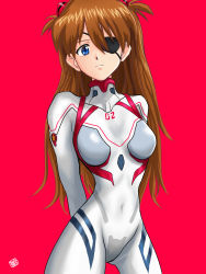 Rule 34 | 1girl, arms behind back, blue eyes, bodysuit, breasts, brown hair, cowboy shot, evangelion: 3.0+1.0 thrice upon a time, expressionless, eyepatch, hair between eyes, highres, interface headset, long hair, looking at viewer, nao suke, neon genesis evangelion, pilot suit, plugsuit, rebuild of evangelion, red background, shiny clothes, skin tight, solo, souryuu asuka langley, two side up, very long hair, white bodysuit, wide hips