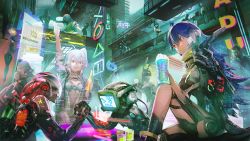Rule 34 | 6+boys, 6+girls, alcohol, arm wrestling, bar (place), bilibili, blue hair, bodysuit, bottle, breasts, clare (543), commentary request, crowd, cup, cyberpunk, cyborg, drinking glass, faceless, faceless female, faceless male, gas mask, helmet, holding, holding bottle, holding cup, hologram, long hair, mask, mechanical arms, mechanical legs, multiple boys, multiple girls, neon lights, original, pink hair, red eyes, robot, science fiction, single mechanical arm, skin tight, smile