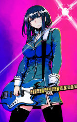 Rule 34 | 1girl, absurdres, bad id, bad pixiv id, bass guitar, black hair, black thighhighs, blue eyes, breasts, garter straps, grin, highres, holding, holding instrument, ifs (sakagami syu), instrument, kantai collection, large breasts, long sleeves, looking at viewer, military, military uniform, multicolored background, short hair with long locks, simple background, smile, solo, takao (kancolle), thighhighs, uniform