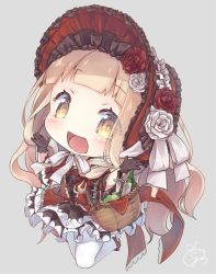 Rule 34 | 1girl, :d, apple, basket, blonde hair, bottle, chibi, dress, flower, food, fruit, full body, grey background, knife, long hair, open mouth, red dress, red flower, red headwear, red riding hood (sinoalice), red rose, rose, short sleeves, signature, simple background, sinoalice, smile, solo, thighhighs, white flower, white rose, white thighhighs, wine bottle, yellow eyes, yuko (kwong159)