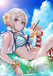 Rule 34 | 1girl, afloat, aoyashio rin, arm ribbon, bare shoulders, bikini, black eyes, blue bikini, blue sky, blush, braid, breasts, cleavage, cloud, cup, day, disposable cup, drinking straw, earrings, floral print, flower, food, front-tie bikini top, front-tie top, fruit, green innertube, grey hair, hair between eyes, hair flower, hair ornament, hand up, hibiscus, highres, holding, holding cup, ice, idolmaster, idolmaster cinderella girls, idolmaster cinderella girls starlight stage, innertube, jacket, jewelry, knee up, leg ribbon, lemon, lemon slice, lens flare, looking at viewer, medium breasts, midriff, multicolored nails, multiple bracelets, necklace, open clothes, open jacket, parted lips, print innertube, red ribbon, ribbon, see-through, shiomi syuko, short hair, single braid, sitting, sky, sleeveless, sleeveless jacket, solo, sparkle, striped bikini, striped clothes, sun, sunlight, swim ring, swimsuit, water, white jacket