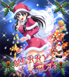 Rule 34 | 1girl, :d, black hair, blue eyes, boots, breasts, capelet, christmas, coin, dress, covered erect nipples, hat, holly, large breasts, long hair, merry christmas, open mouth, original, pooh, sack, santa claus, santa costume, santa hat, short dress, smile, solo, sparkle, winnie the pooh