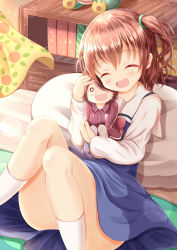 Rule 34 | 1girl, :d, ^ ^, bed sheet, blue dress, blush, brown hair, character doll, closed eyes, commentary request, convenient leg, curtains, dress, facing viewer, feet out of frame, hair between eyes, highres, hoshino hinata, hoshino miyako (wataten), knees together feet apart, long hair, long sleeves, hugging object, one side up, open mouth, pillow, pinafore dress, sailor collar, sailor dress, shirt, sitting, sleeveless, sleeveless dress, smile, socks, solo, watashi ni tenshi ga maiorita!, white sailor collar, white shirt, white socks, xenon (for achieve)