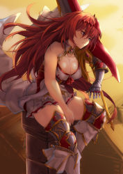 Rule 34 | 1girl, armored boots, bare shoulders, blue eyes, boots, breasts, cleavage, dress, godsworn alexiel, granblue fantasy, greatsword, hair between eyes, highres, large breasts, long hair, red hair, sitting, solo, sword, thighs, very long hair, white dress, yude