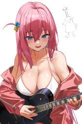 Rule 34 | 1girl, :d, bare shoulders, bikini, blue eyes, blush, bocchi the rock!, breasts, cleavage, collarbone, cube hair ornament, electric guitar, gibson les paul, gmatogachi, gotoh hitori, guitar, hair between eyes, hair ornament, hair over eyes, highres, holding, holding instrument, holding plectrum, instrument, jacket, large breasts, long hair, looking at object, music, off shoulder, one side up, open mouth, partially unzipped, pink hair, pink jacket, pink track suit, playing instrument, plectrum, shiny skin, simple background, smile, solo, swimsuit, track jacket, upper body, white background, white bikini