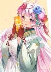 Rule 34 | 1girl, @ @, ahoge, apron, buisen, can, flower, hair flower, hair ornament, hands up, highres, holding, holding can, japanese clothes, kagatsuji soyori, kimono, long hair, multicolored hair, open mouth, pink eyes, pink hair, shuri (84k), solo, squeans, streaked hair, twitter username, two-tone hair, upper body, virtual youtuber