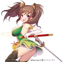 Rule 34 | 1girl, ass, bad id, bad pixiv id, boots, breasts, brown hair, byulzzi, character request, embarrassed, fighting stance, frilled skirt, frills, gloves, green skirt, holding, holding weapon, large breasts, long hair, open mouth, purple eyes, sangoku infinity, skirt, solo, sword, thigh boots, thighhighs, twintails, weapon, white background, white gloves