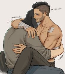 Rule 34 | 2boys, asymmetrical hair, bandaged arm, bandages, bandaid, bandaid on arm, bara, black hair, black pants, blue pants, blush, call of duty, call of duty: modern warfare 2, couple, dreaming oor, english text, facial hair, ghost (modern warfare 2), grey shirt, highres, hug, looking at another, male focus, mask, multiple boys, muscular, muscular male, pants, pectorals, shirt, short hair, sidecut, sitting, sitting on person, skull mask, smile, soap (modern warfare 2), topless male, undercut, yaoi