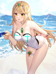 Rule 34 | 1girl, arm behind back, bad food, bare arms, bare shoulders, bento, blonde hair, blush, breasts, casual one-piece swimsuit, cleavage, commentary request, covered navel, day, fingernails, headpiece, heart, highres, holding, horizon, jewelry, large breasts, leaning forward, long hair, looking at viewer, mythra (radiant beach) (xenoblade), mythra (xenoblade), ocean, one-piece swimsuit, open mouth, outdoors, ring, ririko (zhuoyandesailaer), skindentation, solo, standing, swimsuit, thigh strap, v-shaped eyebrows, very long hair, water, wavy mouth, white one-piece swimsuit, xenoblade chronicles (series), xenoblade chronicles 2, yellow eyes