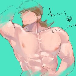 Rule 34 | 1boy, abs, aqua background, arm up, armpits, bara, brown hair, cropped torso, dated, doodle inset, facial hair, fate/grand order, fate (series), goatee, hector (fate), large pectorals, long hair, male focus, mature male, muscular, muscular male, nude, pectoral focus, pectorals, ponytail, sideways glance, solo, thick eyebrows, translation request, turning head, unfinished, ymbk (ymym oh)
