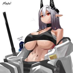 Rule 34 | 1girl, 1other, arknights, bare shoulders, breasts, closed mouth, collar, collarbone, doctor (arknights), ear piercing, firstw1, hammer, highres, horns, huge breasts, infection monitor (arknights), mask, material growth, mudrock (arknights), navel, open clothes, oripathy lesion (arknights), piercing, pointy ears, red eyes, romaji text, silver hair, simple background, sitting, solo focus, sports bra, stomach, sweat, underboob, wet, white background