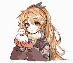 Rule 34 | 1girl, arknights, black eyes, black jacket, blush, closed mouth, cropped torso, dot nose, feather hair, gloves, hair between eyes, hair intakes, half updo, hansuitianer, high ponytail, holding snowman, jacket, long hair, long sleeves, looking at viewer, open clothes, open jacket, orange hair, orange pupils, own hands together, pinecone (arknights), red gloves, sidelocks, simple background, smile, snowman, solo, sweater, turtleneck, turtleneck sweater, white background, yellow sweater
