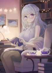 Rule 34 | 1girl, absurdres, blurry, blurry background, blush, book, book stack, bookshelf, braid, breasts, chair, character request, commission, cup, earrings, eyelashes, french braid, fujie-yz, garland (decoration), glasses, grey pantyhose, highres, holding, holding book, indie virtual youtuber, jewelry, lamp, large breasts, long hair, looking at viewer, necklace, pantyhose, pencil skirt, purple eyes, silver hair, sitting, skeb commission, skirt, sleeveless, solo, sparkle, star (symbol), sweater, teacup, teapot, turtleneck, turtleneck sweater, virtual youtuber, white sweater