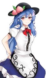 Rule 34 | 1girl, absurdres, black headwear, blue hair, blue skirt, bow, bowtie, center frills, cowboy shot, food, frills, fruit, hand on own hip, highres, hinanawi tenshi, long hair, orchid (orukido), peach, puffy short sleeves, puffy sleeves, red bow, red bowtie, red eyes, short sleeves, simple background, skirt, solo, touhou