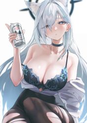 Rule 34 | 1girl, animal ear fluff, animal ears, beer can, black choker, black skirt, blue archive, blue eyes, blush, bra, breasts, broken halo, can, choker, cleavage, collarbone, collared shirt, cross hair ornament, drink can, earrings, extra ears, food, hair ornament, halo, highres, holding, holding can, jewelry, kazane-wind, lace, lace-trimmed bra, lace trim, large breasts, long hair, long sleeves, looking at viewer, mismatched pupils, office lady, pantyhose, partially unbuttoned, pencil skirt, shiroko (blue archive), shiroko terror (blue archive), shirt, skirt, solo, stud earrings, torn clothes, torn pantyhose, underwear, white shirt, wolf ears