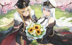 Rule 34 | 2girls, azur lane, bare shoulders, bismarck (azur lane), bismarck (coat of arms), black coat, black dress, black headwear, black necktie, black skirt, blonde hair, blue eyes, bouquet, breasts, cape, cherry blossoms, cleavage, closed mouth, coat, coat of arms, collarbone, collared shirt, commentary request, cowboy shot, cross, dress, enterprise (azur lane), floating hair, flower, fur-trimmed cape, fur trim, gloves, gold trim, grass, hair between eyes, hat, highres, holding, holding bouquet, iron cross, large breasts, long bangs, long hair, long sleeves, looking at viewer, maoh yueer, military hat, military uniform, miniskirt, multiple girls, necktie, open clothes, open coat, peaked cap, pleated skirt, purple eyes, shadow, shirt, sidelocks, skirt, sleeveless, sleeveless shirt, smile, standing, tree, uniform, very long hair, white hair, white headwear, white shirt