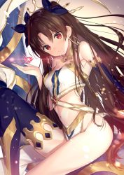 Rule 34 | 1girl, asymmetrical legwear, asymmetrical sleeves, bare shoulders, black hair, breasts, bridal gauntlets, crown, earrings, elbow gloves, fate/grand order, fate (series), gloves, heavenly boat maanna, hoop earrings, ishtar (fate), jewelry, knee up, long hair, looking at viewer, medium breasts, navel, necomi, pelvic curtain, red eyes, single elbow glove, single thighhigh, solo, thighhighs, thighs, tohsaka rin, two side up, uneven legwear, uneven sleeves
