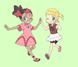 Rule 34 | 2girls, ;d, ;q, bike shorts, blonde hair, blue eyes, blush, bonnie (pokemon), brown hair, brown shirt, commentary request, creatures (company), dark-skinned female, dark skin, dress, eyelashes, game freak, green background, green eyes, hands up, holding hands, jewelry, kouzuki (reshika213), mimo (pokemon), multicolored hair, multiple girls, necklace, nintendo, one eye closed, open mouth, outstretched arm, pink dress, pink footwear, pokemon, pokemon (anime), pokemon sm (anime), pokemon xy (anime), red hair, sandals, shirt, shoes, short sleeves, simple background, skirt, smile, toes, tongue, tongue out, two-tone hair, w, white skirt