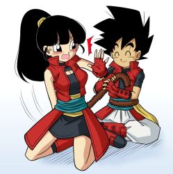 Rule 34 | 1boy, 1girl, artist name, beat (dragon ball), black hair, blush, boots, breasts, dated, dragon ball, dragon ball heroes, gloves, karoine, long hair, looking at viewer, looking back, moaning, note (dragon ball), open mouth, ponytail, simple background, sitting, smile, tail