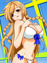 1girl bikini braid breasts brown_eyes brown_hair culture_japan kozaru large_breasts long_hair suenaga_mirai swimsuit twin_braids