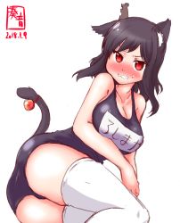 Rule 34 | 1girl, alternate costume, angry, animal ears, azur lane, bell, black hair, black one-piece swimsuit, blush, cat ears, cat tail, cosplay, cowboy shot, dated, hair ornament, highres, historical name connection, jingle bell, kanon (kurogane knights), kantai collection, logo, looking at viewer, name connection, name tag, one-piece swimsuit, red eyes, school swimsuit, short hair, simple background, solo, swimsuit, tail, thighhighs, white background, white thighhighs, yamashiro (azur lane), yamashiro (azur lane) (cosplay), yamashiro (kancolle)