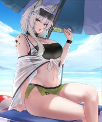 Rule 34 | 1girl, absurdres, animal ears, arknights, arm support, ball, bare shoulders, beach, beach umbrella, beachball, black collar, blue sky, breasts, cat ears, cleavage, cloud, collar, commentary, day, english commentary, eyewear on head, feet out of frame, food, green eyes, green skirt, groin, hand up, highres, holding, holding food, kal&#039;tsit (arknights), kanta (kanta 077), large breasts, long hair, looking at viewer, material growth, microskirt, midriff, navel, off shoulder, official alternate costume, open mouth, oripathy lesion (arknights), outdoors, popsicle, sitting, skirt, sky, solo, stomach, strapless, sunglasses, thighs, tongue, tongue out, tube top, umbrella, white hair, wristband