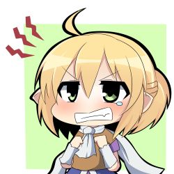 Rule 34 | 1girl, ahoge, blonde hair, chibi, clenched hands, clenched teeth, elbow pads, jealous, mizuhashi parsee, pointy ears, scarf, simple background, solo, tears, teeth, touhou, two-tone background, twumi