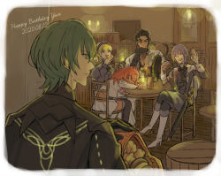 Rule 34 | 2020, 2girls, 3boys, balthus von albrecht, blonde hair, blue eyes, blue hair, blue hairband, brown hair, bunaptter, byleth (fire emblem), byleth (male) (fire emblem), closed eyes, closed mouth, constance von nuvelle, dark skin, dated, english text, fire emblem, fire emblem: three houses, food, hairband, hapi (fire emblem), happy birthday, matching hair/eyes, multiple boys, multiple girls, nintendo, parted lips, pink eyes, pink hair, purple hair, short hair, sitting, table, yuri leclerc